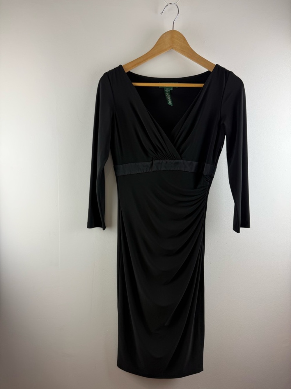 Lauren Ralph Lauren Black Ruched Silk Trim Midi Wrap Dress 2